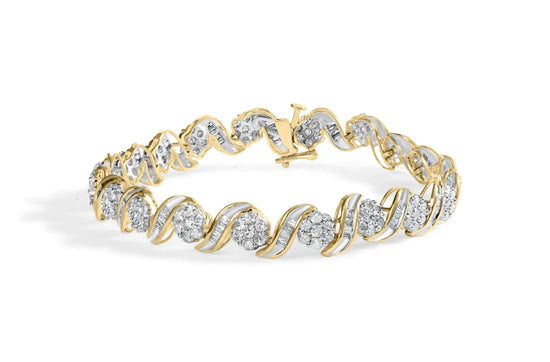 10K Yellow Gold Diamond Floral Design Spiral Link Bracelet - Pop&