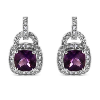 .925 Sterling Silver 8MM Amethyst & Diamond Accent Halo Dangle Earrings – I - J Color, I2 - I3 Clarity - Pop's Jewelry & Style