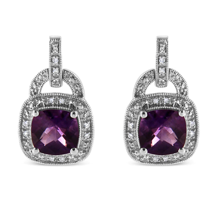 .925 Sterling Silver 8MM Amethyst & Diamond Accent Halo Dangle Earrings – I - J Color, I2 - I3 Clarity - Pop&