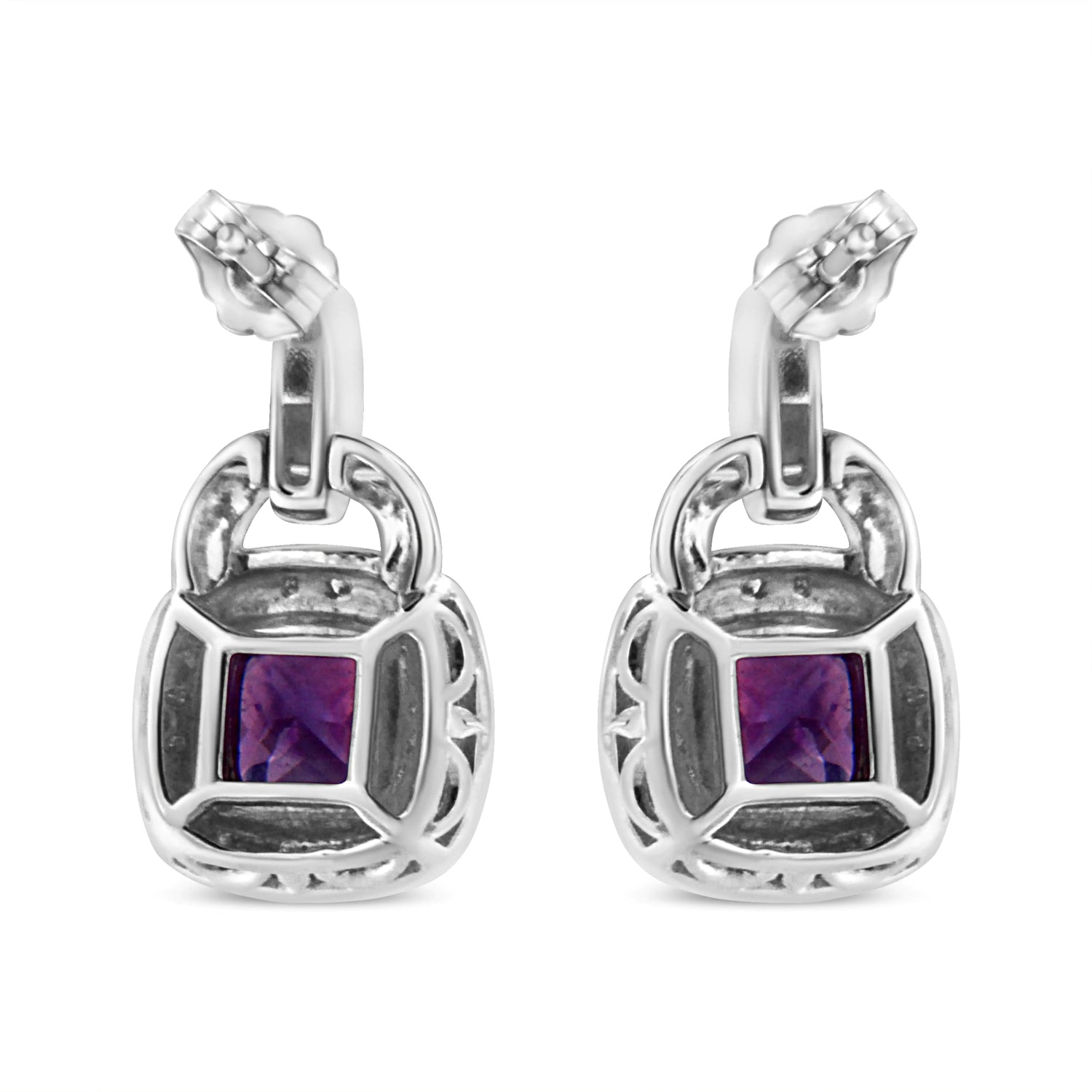 .925 Sterling Silver 8MM Amethyst & Diamond Accent Halo Dangle Earrings – I - J Color, I2 - I3 Clarity - Pop&