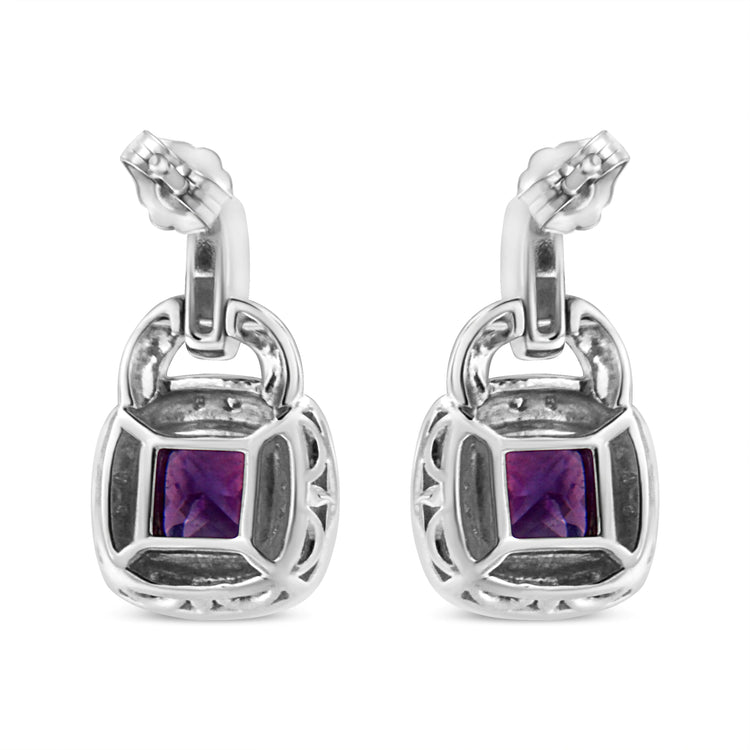 .925 Sterling Silver 8MM Amethyst & Diamond Accent Halo Dangle Earrings – I - J Color, I2 - I3 Clarity - Pop&