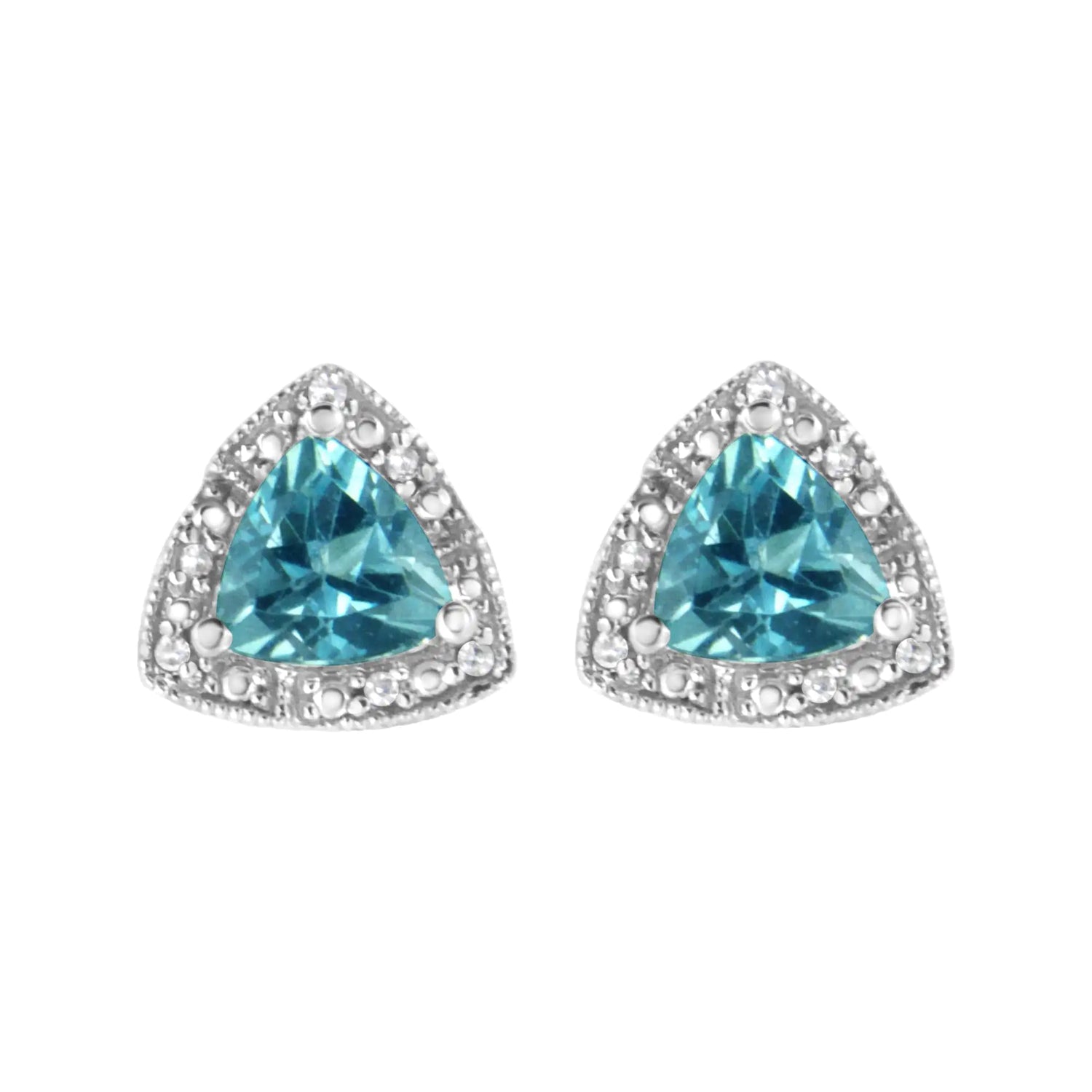 .925 Sterling Silver 6x6 mm Trillion Cut Blue Topaz Gemstone and Diamond Accent Stud Earring (I - J Color, I1 - I2 Clarity) - Pop&