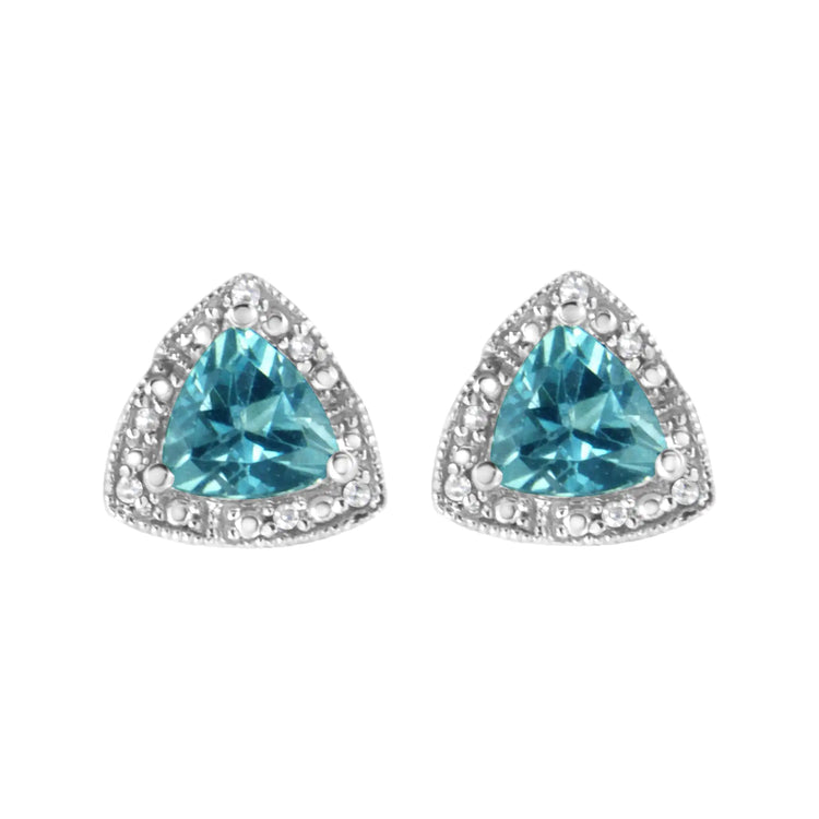.925 Sterling Silver 6x6 mm Trillion Cut Blue Topaz Gemstone and Diamond Accent Stud Earring (I - J Color, I1 - I2 Clarity) - Pop&