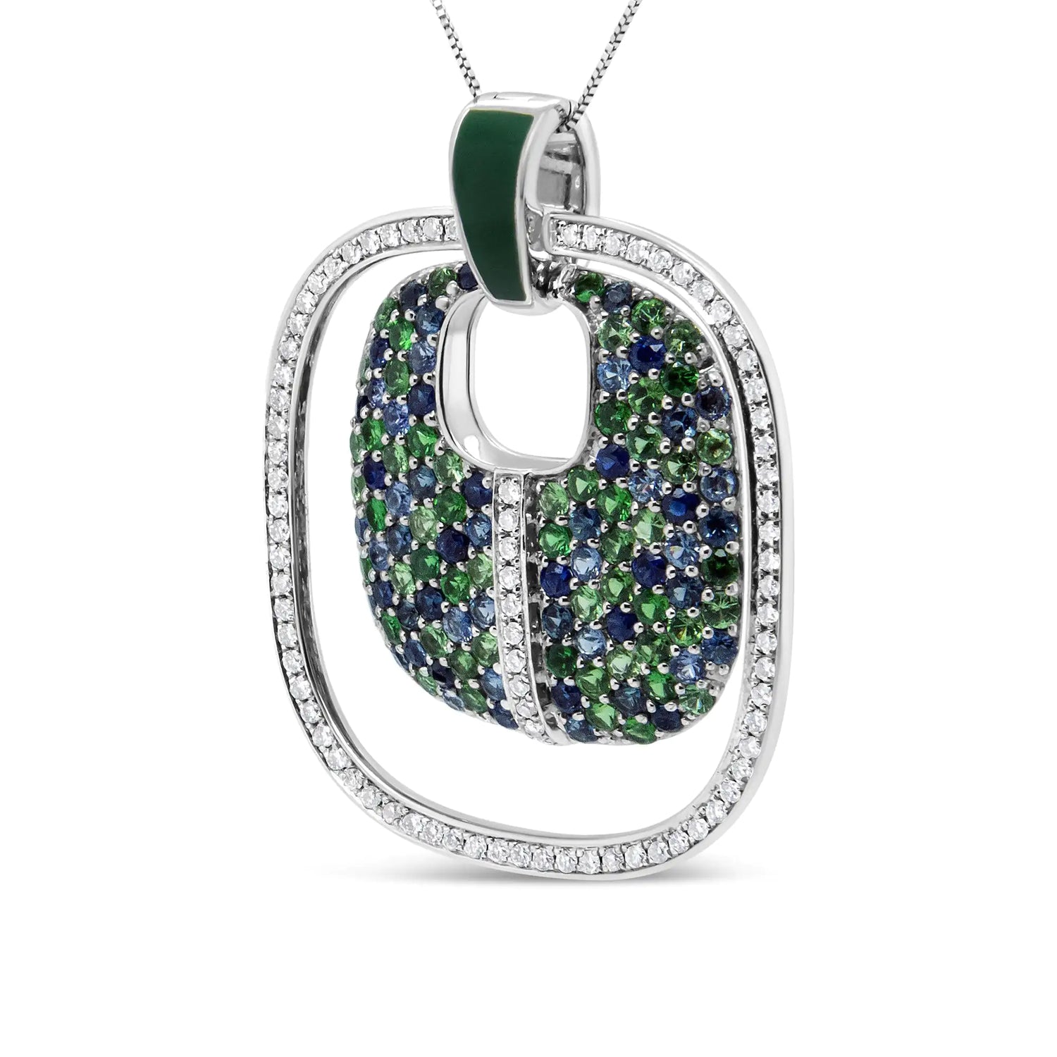 .925 Sterling Silver Green Enamel Pendant with 1/2 Cttw Diamond, Sapphire, and Tsavorite Openwork Statement 18" Pendant Necklace - Pop&