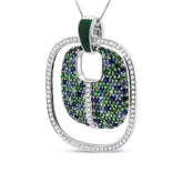 .925 Sterling Silver Green Enamel Pendant with 1/2 Cttw Diamond, Sapphire, and Tsavorite Openwork Statement 18" Pendant Necklace - Pop&