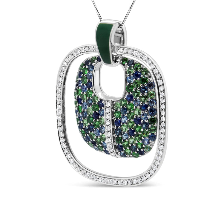 .925 Sterling Silver Green Enamel Pendant with 1/2 Cttw Diamond, Sapphire, and Tsavorite Openwork Statement 18" Pendant Necklace - Pop&