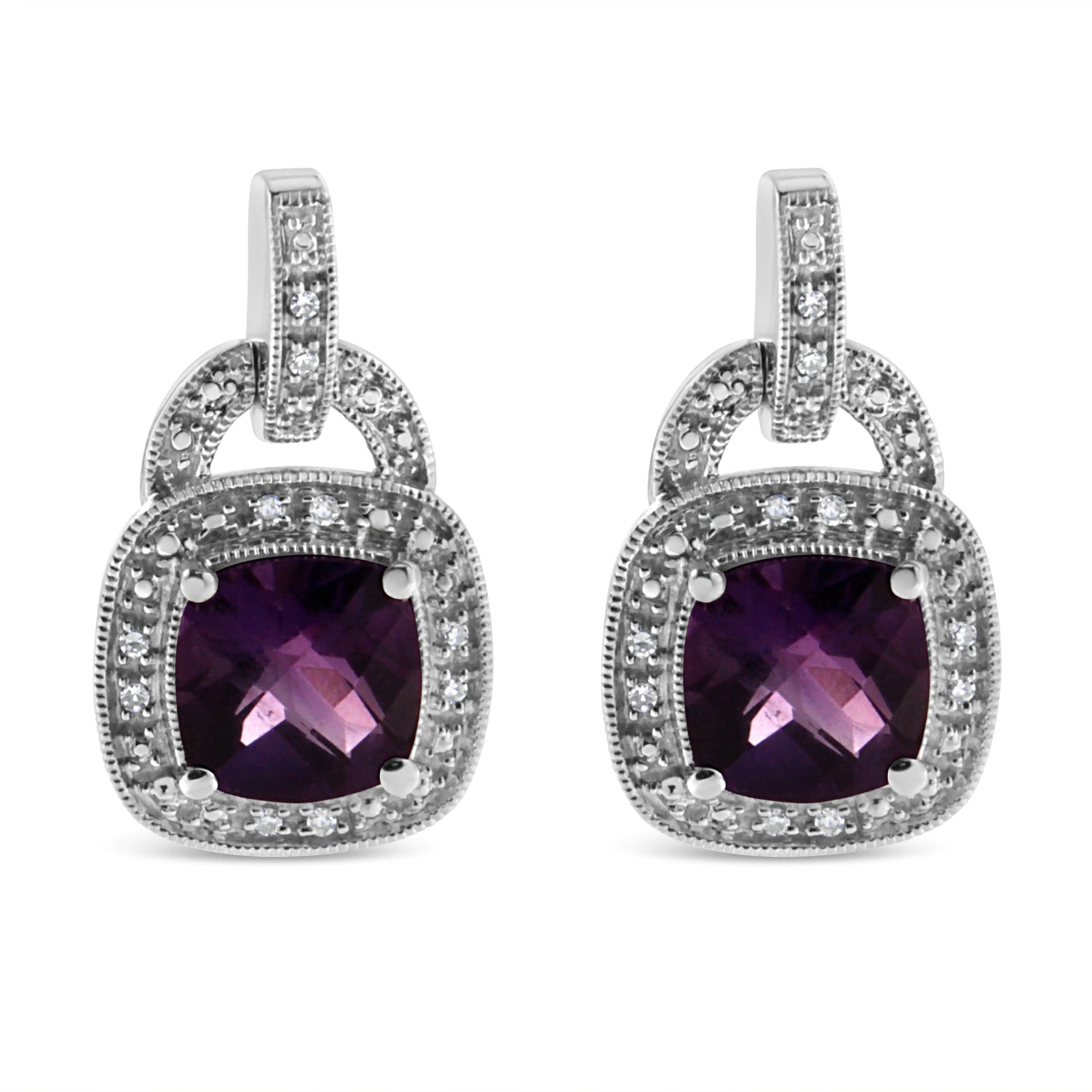 .925 Sterling Silver 8MM Amethyst & Diamond Accent Halo Dangle Earrings – I - J Color, I2 - I3 Clarity - Pop&