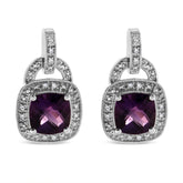 .925 Sterling Silver 8MM Amethyst & Diamond Accent Halo Dangle Earrings – I - J Color, I2 - I3 Clarity - Pop&