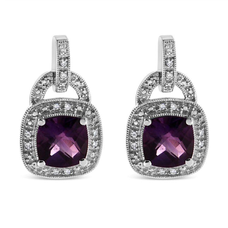 .925 Sterling Silver 8MM Amethyst & Diamond Accent Halo Dangle Earrings – I - J Color, I2 - I3 Clarity - Pop&