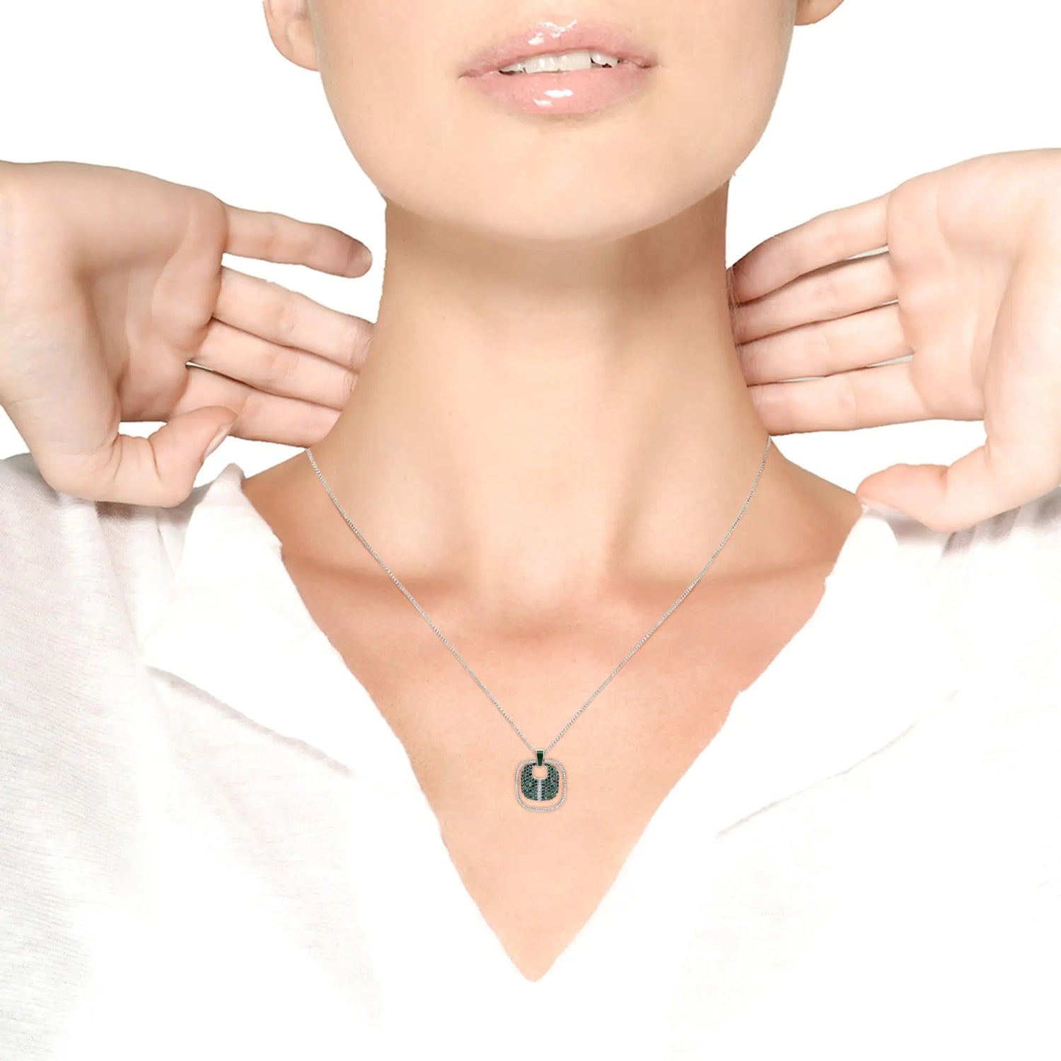 .925 Sterling Silver Green Enamel Pendant with 1/2 Cttw Diamond, Sapphire, and Tsavorite Openwork Statement 18" Pendant Necklace - Pop&