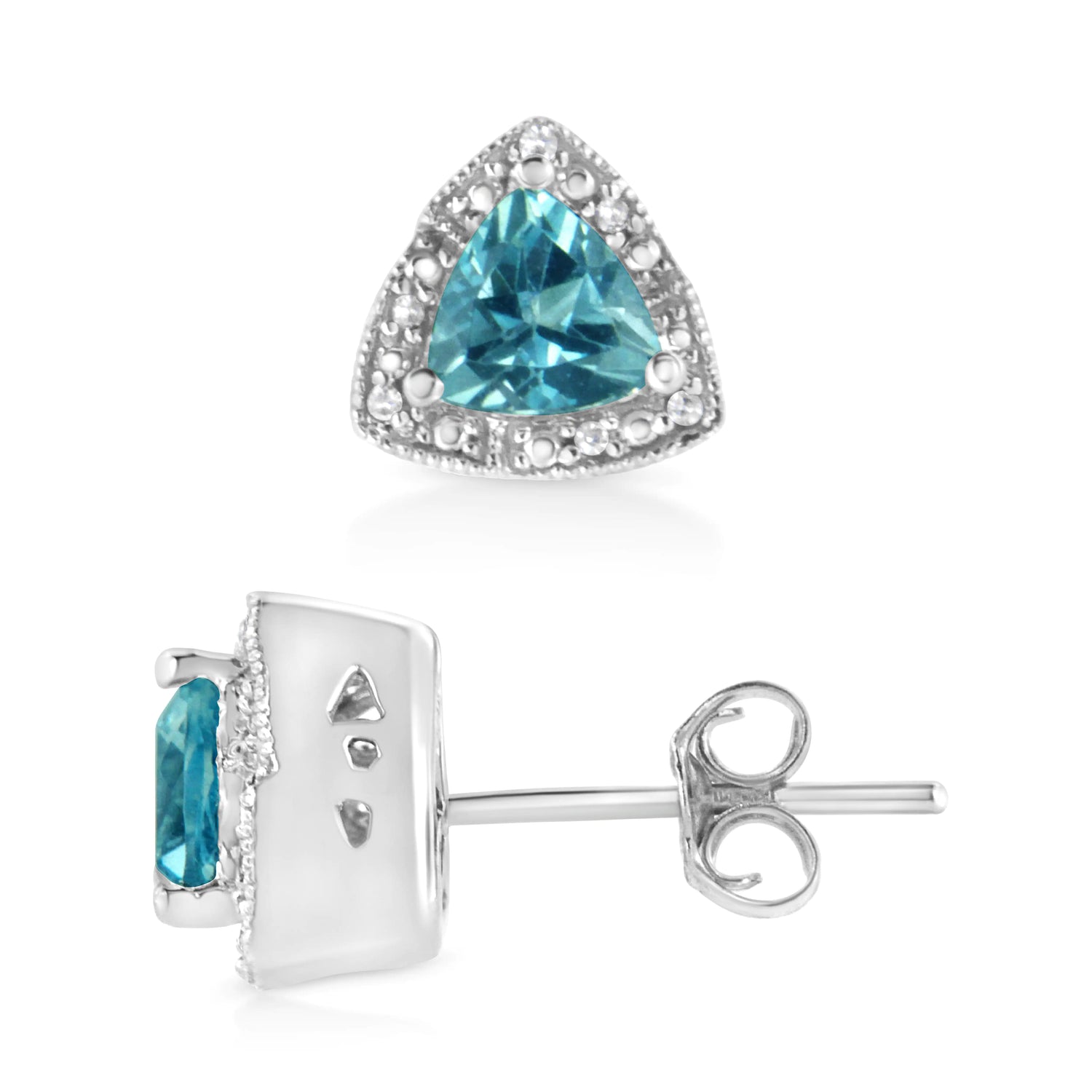 .925 Sterling Silver 6x6 mm Trillion Cut Blue Topaz Gemstone and Diamond Accent Stud Earring (I - J Color, I1 - I2 Clarity) - Pop&