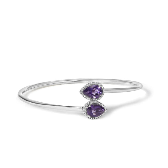 Sterling Silver Pear Shape Amethyst & Diamond Accent Halo Bangle Bracelet - Pop&