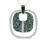 .925 Sterling Silver Green Enamel Pendant with 1/2 Cttw Diamond, Sapphire, and Tsavorite Openwork Statement 18" Pendant Necklace - Pop&