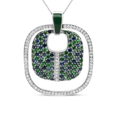 .925 Sterling Silver Green Enamel Pendant with 1/2 Cttw Diamond, Sapphire, and Tsavorite Openwork Statement 18" Pendant Necklace - Pop's Jewelry & Style