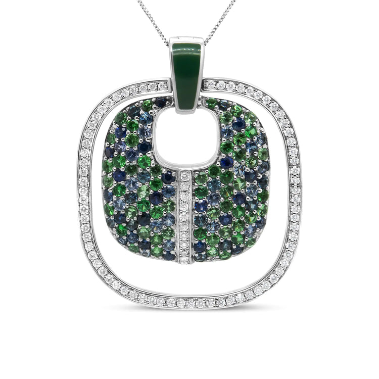 .925 Sterling Silver Green Enamel Pendant with 1/2 Cttw Diamond, Sapphire, and Tsavorite Openwork Statement 18" Pendant Necklace - Pop&