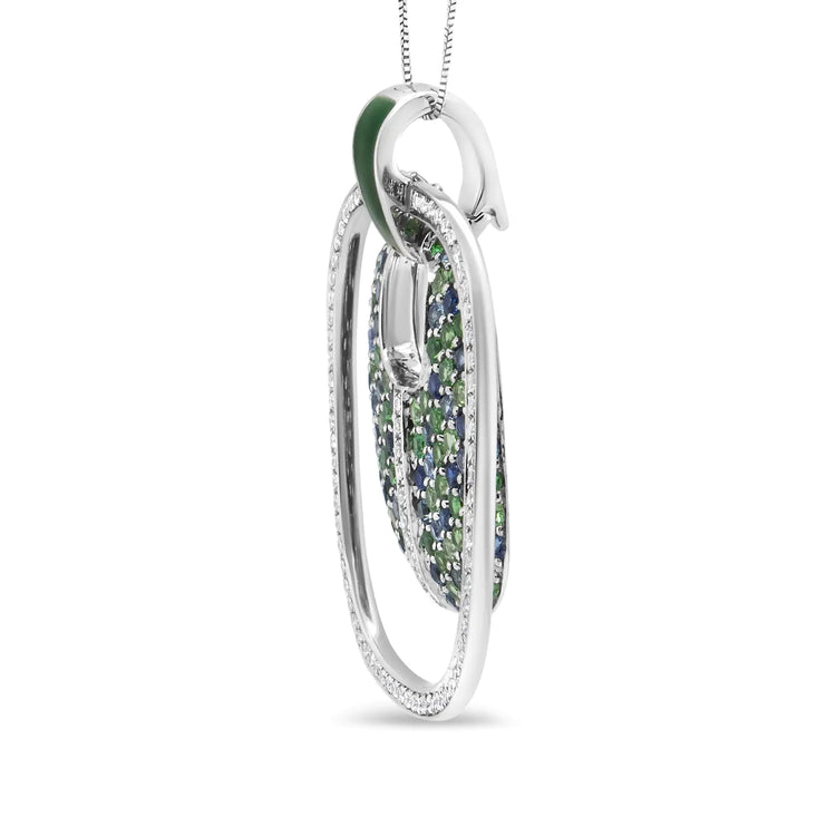 .925 Sterling Silver Green Enamel Pendant with 1/2 Cttw Diamond, Sapphire, and Tsavorite Openwork Statement 18" Pendant Necklace - Pop&