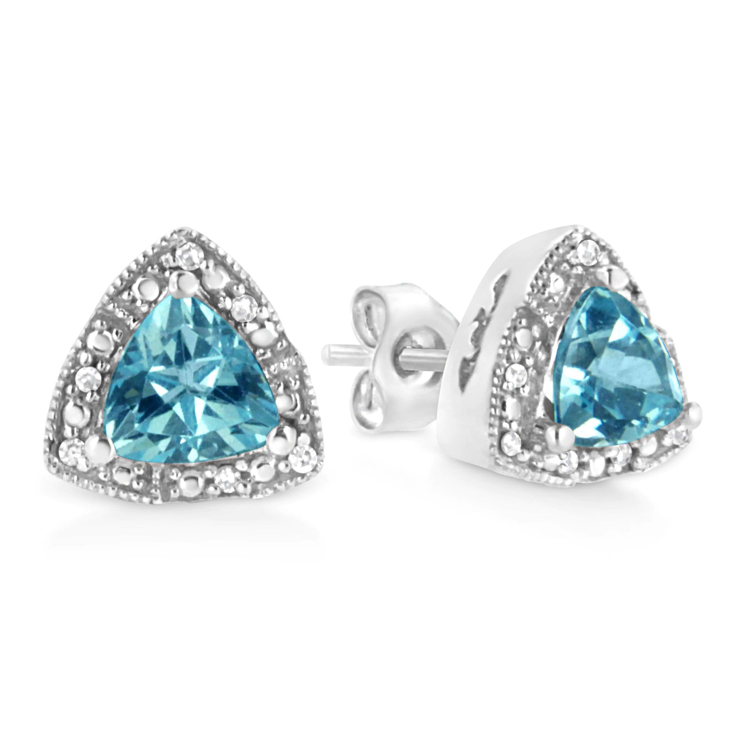 .925 Sterling Silver 6x6 mm Trillion Cut Blue Topaz Gemstone and Diamond Accent Stud Earring (I - J Color, I1 - I2 Clarity) - Pop&