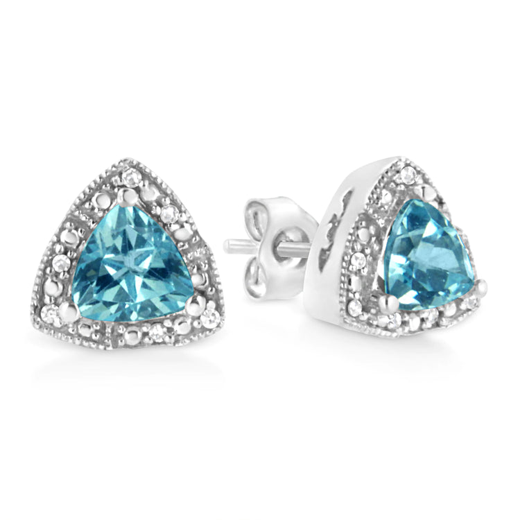.925 Sterling Silver 6x6 mm Trillion Cut Blue Topaz Gemstone and Diamond Accent Stud Earring (I - J Color, I1 - I2 Clarity) - Pop&